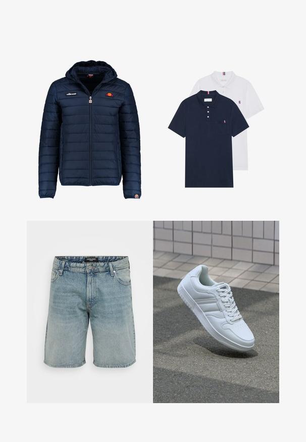 Casaco puffer azul marinho com capuz, fecho de correr, costura em canais e detalhes do logo no peito e na manga. Tecido macio e texturizado.; Duas camisetas polo: uma azul-marinho e uma branca, ambas com um pequeno detalhe em vermelho, branco e azul no bolso do peito e na gola.; Calções de ganga azul claro com um corte solto, design clássico de cinco bolsos e fecho de botão e zipper na frente.; Sapatilha desportiva branca com parte superior em couro liso, frente com atacadores, bico perfurado e sola padronizada. Design minimalista com três riscas laterais.