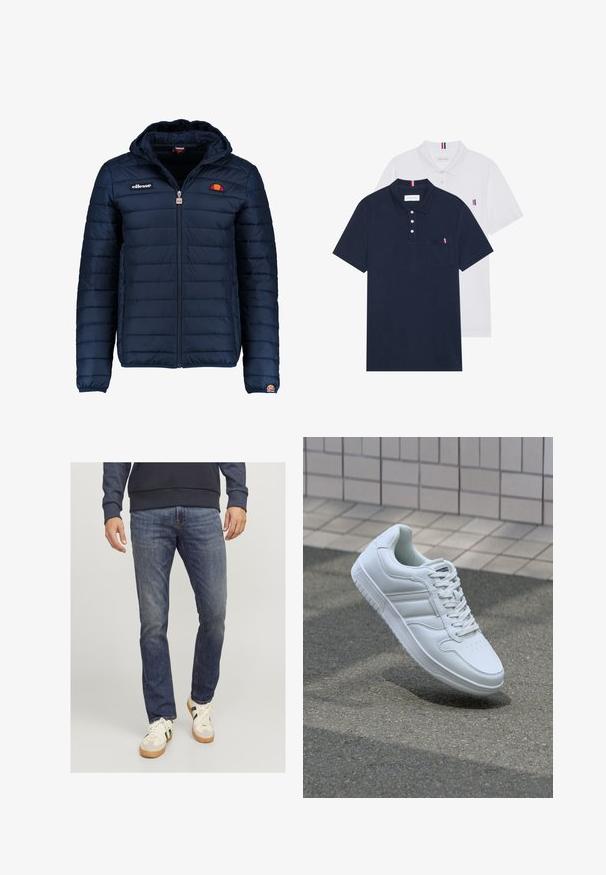 Jachetă puffer de culoare bleumarin, cu glugă, închidere cu fermoar, cusături în canale și detalii cu logo pe piept și pe mânecă. Material moale, texturat.; Două tricouri polo: unul albastru navy și unul alb, ambele având un mic accent roșu, alb și albastru pe buzunarul de la piept și guler.; Jeanși din denim albastru cu croială dreaptă, având un aspect ușor decolorat și cusături portocalii, asortați cu adidași casual.; Adidași albi pentru sport cu superior din piele netedă, sistem de șireturi în față, vârf perforat și talpă cu model. Design minimalist cu trei dungi laterale.