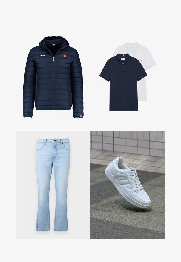 Casaco puffer azul marinho com capuz, fecho de correr, costura em canais e detalhes do logo no peito e na manga. Tecido macio e texturizado.; Duas camisetas polo: uma azul-marinho e uma branca, ambas com um pequeno detalhe em vermelho, branco e azul no bolso do peito e na gola.; Jeans em denim azul claro, de perna larga, com cinco bolsos, fecho de botão e zipper, e costura em contraste. Apresenta um efeito ligeiramente desbotado.; Sapatilha desportiva branca com parte superior em couro liso, frente com atacadores, bico perfurado e sola padronizada. Design minimalista com três riscas laterais.