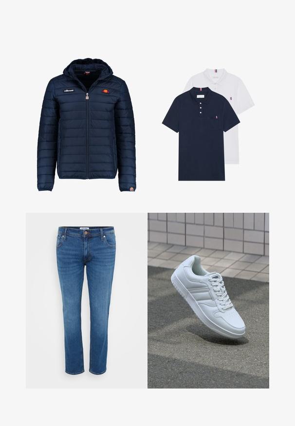 Tumedat sinised puffer jakk kapuutsiga, lukuga suletav, kanalite õmblustega ning logo aktsentidega rinnal ja varrukal. Pehme, tekstuuriga kangas.; Kaks polo särki: üks tumesinine ja üks valge, mõlemal on rinnataskul ja krael väike punase, valge ja sinise aktsent.; Keskmise sinise värvi teksapüksid, sirge jala disainiga, viie taskuga stiil ja nööbiga kinnitamine vööl.; Valge spordijalanõud silederja nahkvarrega, ninast paeltega, perforatsiooni tõttu ventilatsiooniga ning mustrilise tallaga. Minimalistlik disain, millel on kolm külgmist triipu.