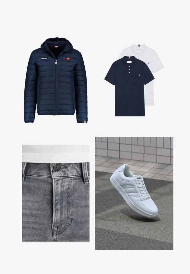 Granatowa kurtka puchowa z kapturem, zapinana na zamek, z przeszyciami w kształcie kanałów oraz akcentami loga na piersi i rękawie. Miękka, teksturowana tkanina.; Dwa koszulki polo: jedna granatowa, a druga biała, obie z małym akcentem w kolorach czerwonym, białym i niebieskim na kieszeni na piersi oraz kołnierzyku.; Szare dżinsy z teksturowanym wykończeniem, z czarnym metalowym guzikiem i kontrastowym białym przeszyciem wzdłuż pasa i kieszeni.; Białe sportowe trampki z gładkiej skóry, z zapięciem na sznurowadła, perforowanym noskiem i wzorzystą podeszwą. Minimalistyczny design z trzema paskami po bokach.