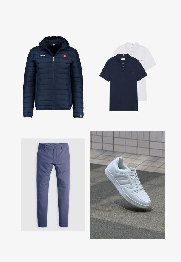 Mörkblå pufferjacka med huva, dragkedjestängning, kanalsömmar och logodetaljer på bröstet och ärmen. Mjuk, texturerad tyg.; Två polo t-shirts: en marinblå och en vit, båda med en liten röd, vit och blå detalj på bröstfickan och kragen.; Chinos i en medelblå nyans, tillverkade av bomull, med en standard tapered passform, framfickor och en mjuk textur.; Vit atletisk sneakers med slätt läderöverdel, snörning fram, perforerad tå och mönstrad sula. Minimalistisk design med tre sidostycken.