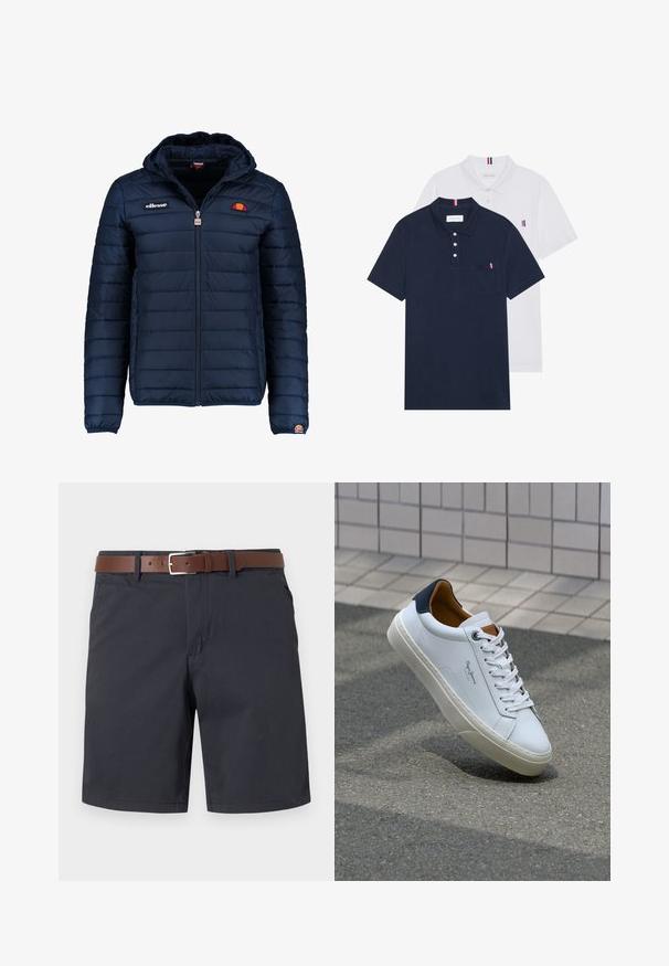 Navy blue puffer jacket with a hood, zip closure, channel stitching, and logo accents on the chest and sleeve. Soft, textured fabric.; Two polo shirts: one navy blue and one white, both with a small red, white, and blue accent on the chest pocket and collar.; Dark navy shorts made of textured fabric, featuring a brown leather belt. Classic fit with two side pockets and a plain hem.; White leather sneaker with a navy heel, round toe, and contrasting brown accents. Features flat laces and textured rubber sole.