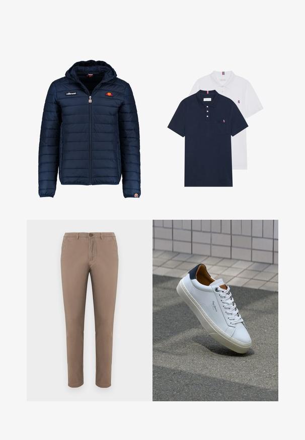 Giubbotto imbottito blu navy con cappuccio, chiusura con zip, cuciture a canale e dettagli con logo sul petto e sulla manica. Tessuto morbido e testurizzato.; Due polo shirt: uno blu navy e uno bianco, entrambi con un piccolo accento rosso, bianco e blu sulla tasca del petto e sul colletto.; Chinos beige con vestibilità dritta, chiusura a bottone, tasche anteriori e posteriori, tessuto di cotone morbido e orlo curato. Adatti per un abbigliamento casual.; Sneaker bianca in pelle con tallone blu, punta rotonda e accenti marroni a contrasto. Presenta lacci piatti e suola in gomma testurizzata.