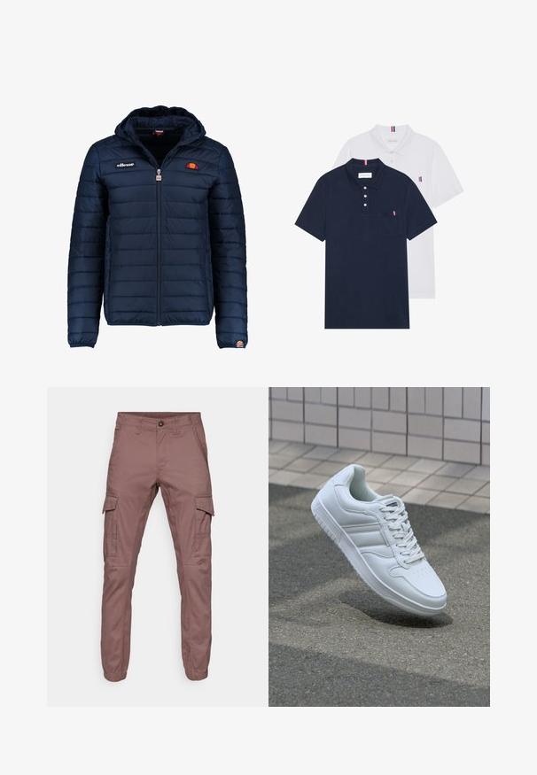 Veste matelassée bleu marine avec capuche, fermeture zippée, coutures en canaux et accents de logo sur la poitrine et la manche. Tissu doux et texturé.; Deux polos : un bleu marine et un blanc, tous deux avec un petit accent rouge, blanc et bleu sur la poche poitrine et le col.; Pantalons cargo en tissu bordeaux doux avec des poignets élastiques, plusieurs poches latérales et un design plat à l'avant, adaptés pour un usage quotidien ou des activités en plein air.; Baskets blanches de sport avec une tige en cuir lisse, un laçage à l'avant, une pointe perforée et une semelle à motifs. Design minimaliste avec trois bandes latérales.