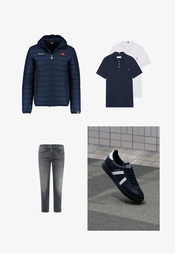 Temno modra napihnjena jakna s kapuco, z zadrgo, kanalnim šivom in logotipom na prsih in rokavu. Mehka, teksturirana tkanina.; Dve polo majice: ena mornarsko modra in ena bela, obe z majhnim rdečim, belim in modrim poudarjanjem na žepu in ovratniku.; Sive hlače iz denima s ravnim krojem; vsebujejo pet žepov, subtilno gubanje in zbledel videz. Zapiranje vključuje gumb in zadrgo.; Črne usnjene superge z belimi črtami, teksturiran gumijast podplat in zavezovanje spredaj. Imajo označeno oznako na ježku.