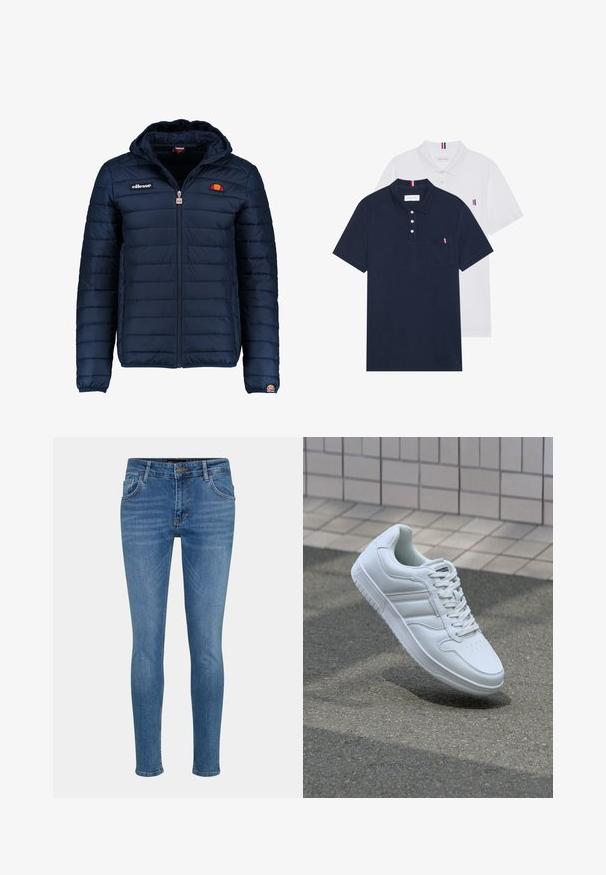 Mörkblå pufferjacka med huva, dragkedjestängning, kanalsömmar och logodetaljer på bröstet och ärmen. Mjuk, texturerad tyg.; Två polo t-shirts: en marinblå och en vit, båda med en liten röd, vit och blå detalj på bröstfickan och kragen.; Smala jeans i blå denim, med en klassisk femfickdesign, subtil blekning och en dragkedja med knappstängning i midjan.; Vit atletisk sneakers med slätt läderöverdel, snörning fram, perforerad tå och mönstrad sula. Minimalistisk design med tre sidostycken.