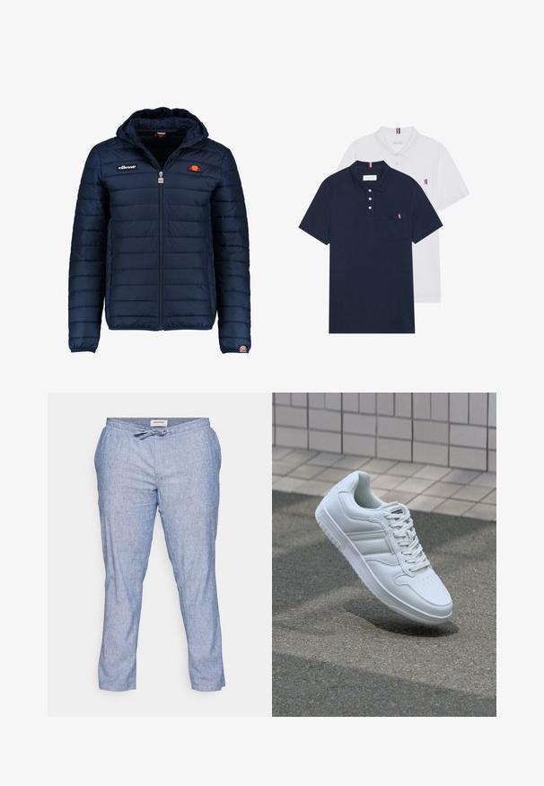 Mornaricnoplava pufasta jakna s kapuljačom, zatvaranje na zip, kanalno šivanje i akcenti s logom na prsima i rukavu. Mekani, teksturirani materijal.; Dva polo majice: jedna tamnoplava i jedna bijela, obje s malim crveno-bijelim-plavim naglaskom na džepu i ovratniku.; Jack & Jones STACE JJBREEZE - Hlače - blue; Bijela atletska tenisica s glatkim kožnim gornjim dijelom, vezanjem sprijeda, perforiranim vrhom i uzorkovanim đonom. Minimalistički dizajn s tri bočne pruge.