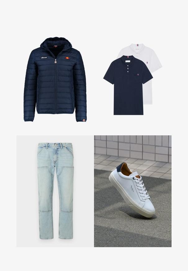 Tumedat sinised puffer jakk kapuutsiga, lukuga suletav, kanalite õmblustega ning logo aktsentidega rinnal ja varrukal. Pehme, tekstuuriga kangas.; Kaks polo särki: üks tumesinine ja üks valge, mõlemal on rinnataskul ja krael väike punase, valge ja sinise aktsent.; Heledad taevasinised teksad sirgete jalgadega, millel on plaastritaskud ja kulunud viimistlus. Nööbiga kinnitamine vöökohas, tavalised vööloopid.; Valge nahast tennis, millel on tumesinine konts, ümmargune nina ja kontrastsed pruuni aktsendid. Omab lamepaelti ja tekstureeritud kummist tallat.