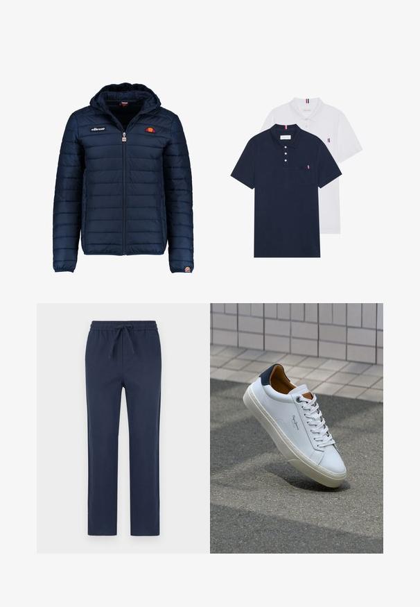 Navy blue puffer jacket with a hood, zip closure, channel stitching, and logo accents on the chest and sleeve. Soft, textured fabric.; Two polo shirts: one navy blue and one white, both with a small red, white, and blue accent on the chest pocket and collar.; Navy blue elastic waist pants with a drawstring, straight leg design, smooth texture, and no visible patterns or hardware details.; White leather sneaker with a navy heel, round toe, and contrasting brown accents. Features flat laces and textured rubber sole.