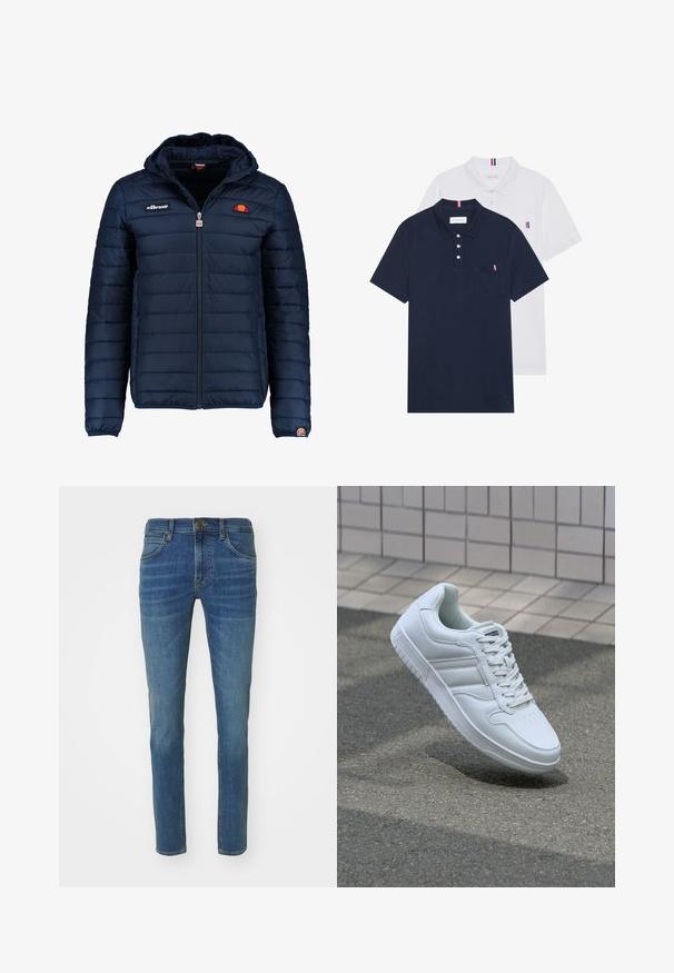 Tengerészkék puffos dzseki kapucnival, cipzáras záródással, csatorna varrással, és logóval díszített mellkassal és ujjakkal. Puha, texturált anyag.; Két pólóing: az egyik sötétkék, a másik fehér, mindkettőn kicsi piros, fehér és kék díszítés található a mellzsebből és a galléron.; Világoskék farmernadrág, slim fit, öt zsebes dizájnnal, és finom kopással az elején. Fém gomb és cipzár záródás.; Fehér sportcipő sima bőr felsőrésszel, fűzős elülettel, perforált orral és mintázott talppal. Minimalista dizájn három oldalsávval.