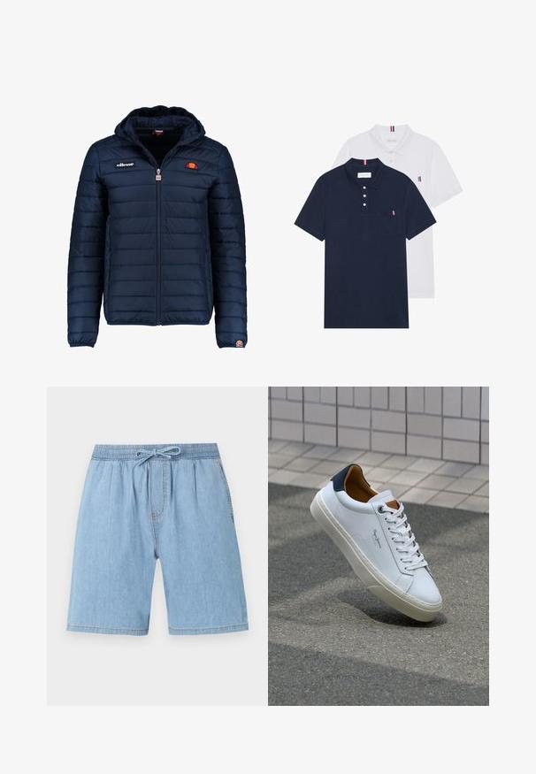 Jachetă puffer de culoare bleumarin, cu glugă, închidere cu fermoar, cusături în canale și detalii cu logo pe piept și pe mânecă. Material moale, texturat.; Două tricouri polo: unul albastru navy și unul alb, ambele având un mic accent roșu, alb și albastru pe buzunarul de la piept și guler.; Pantaloni scurți din denim de culoare albastru deschis, cu talie elastică, închidere cu șnur, pliuri în față și picioare drepte.; Adidași din piele albă cu călcâi bleumarin, vârf rotund și accente contrastante de culoare maro. Dispun de șireturi plate și talpă din cauciuc texturat.