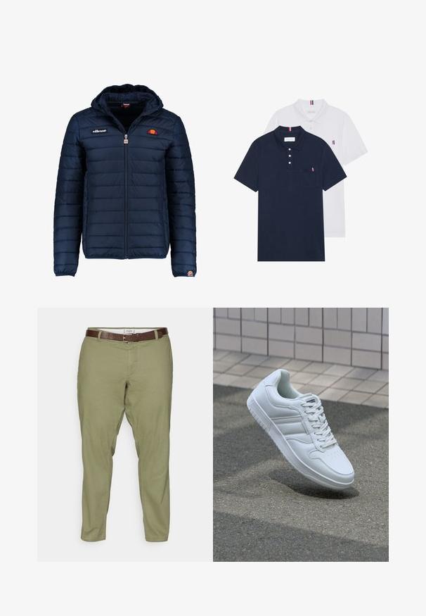 Navy blue puffer jacket with a hood, zip closure, channel stitching, and logo accents on the chest and sleeve. Soft, textured fabric.; Two polo shirts: one navy blue and one white, both with a small red, white, and blue accent on the chest pocket and collar.; Olive green cotton blend pants with a straight fit, featuring front pockets and a brown leather belt. Smooth texture and clean design.; White athletic sneaker with smooth leather upper, lace-up front, perforated toe, and patterned sole. Minimalist design with three side stripes.