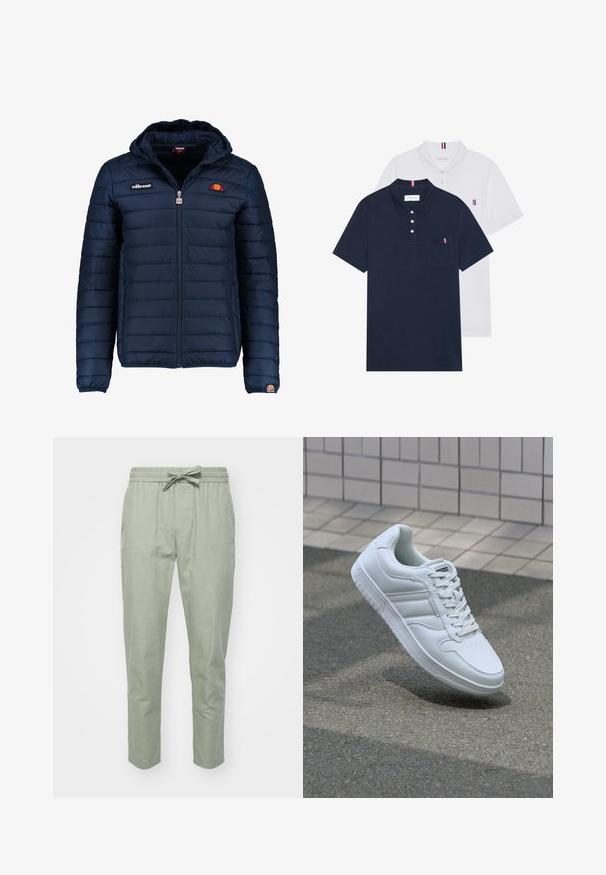 Navy blue puffer jacket with a hood, zip closure, channel stitching, and logo accents on the chest and sleeve. Soft, textured fabric.; Two polo shirts: one navy blue and one white, both with a small red, white, and blue accent on the chest pocket and collar.; Light green, tapered trousers with an elastic waistband and adjustable drawstring; made of soft, textured fabric for comfort.; White athletic sneaker with smooth leather upper, lace-up front, perforated toe, and patterned sole. Minimalist design with three side stripes.