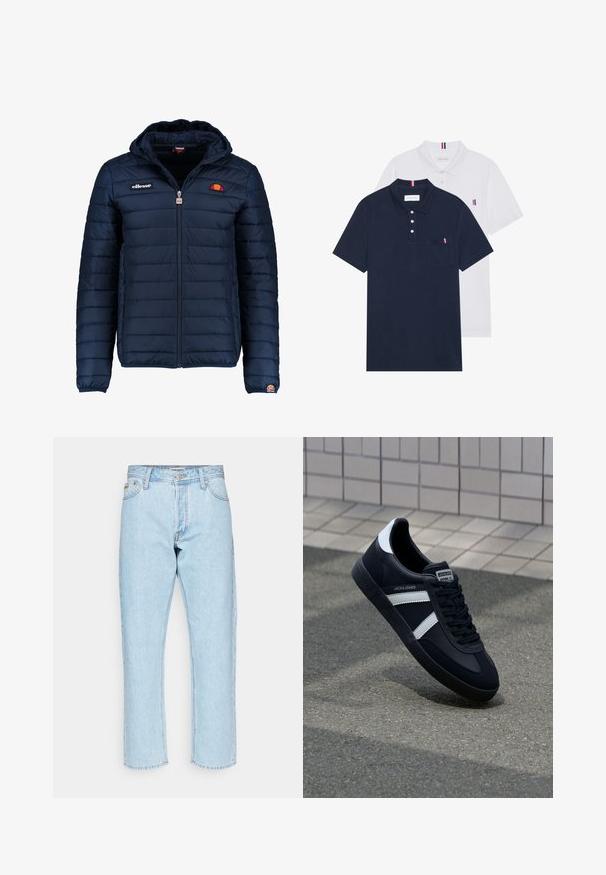 Tumedat sinised puffer jakk kapuutsiga, lukuga suletav, kanalite õmblustega ning logo aktsentidega rinnal ja varrukal. Pehme, tekstuuriga kangas.; Kaks polo särki: üks tumesinine ja üks valge, mõlemal on rinnataskul ja krael väike punase, valge ja sinise aktsent.; Heledad sinine teksad sirge sääre disainiga, klassikalise viie tasku stiiliga ja metalldetailidega.; Must have musta sneaker musta valgete triipudega, tekstuurne kummitald ja nööridega esiosa. Omab bränditud märki keele peal.