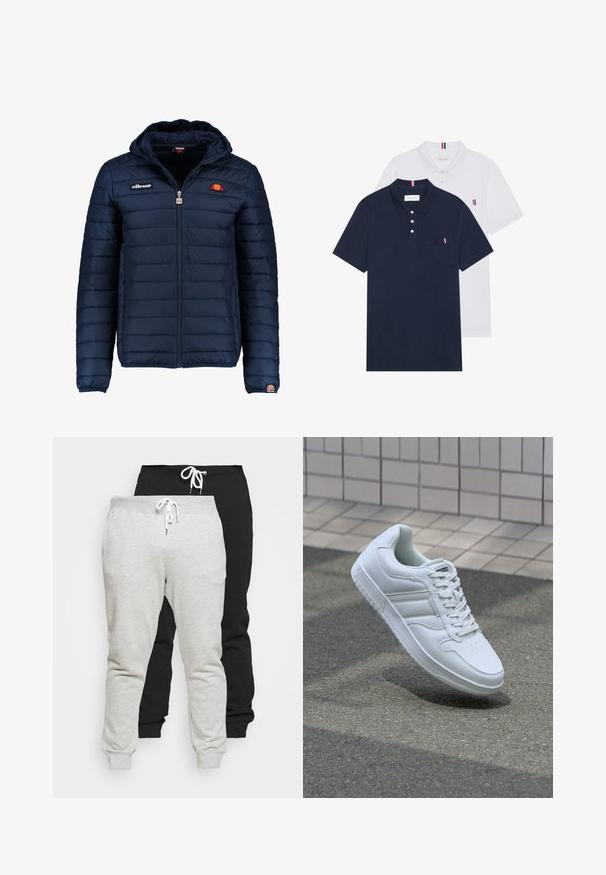 Dunkelblaue Daunenjacke mit Kapuze, Reißverschluss, Kastensteppnähten und Logo-Akzenten auf der Brust und dem Ärmel. Weicher, strukturierter Stoff.; Zwei Poloshirts: eines in marineblau und eines in Weiß, beide mit einem kleinen rot, weiß und blauen Akzent auf der Brusttasche und dem Kragen.; Zwei Paare Jogginghosen aus grauem und schwarzem Baumwollmischgewebe. Mit Kordelzugbund und umschlagenen Knöcheln. Glatte Textur, lässiges Design.; Weiße sportliche Sneaker mit Obermaterial aus glattem Leder, Schnürfront, durchlöchtem Zehenbereich und gemusterter Sohle. Minimalistisches Design mit drei Seitenstreifen.