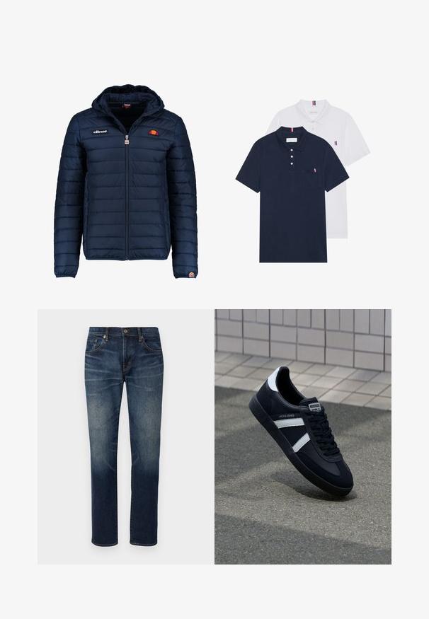 Tumedat sinised puffer jakk kapuutsiga, lukuga suletav, kanalite õmblustega ning logo aktsentidega rinnal ja varrukal. Pehme, tekstuuriga kangas.; Kaks polo särki: üks tumesinine ja üks valge, mõlemal on rinnataskul ja krael väike punase, valge ja sinise aktsent.; Edwin REGULAR TAPERED - Kitsenevad teksad - blue mid dark used; Must have musta sneaker musta valgete triipudega, tekstuurne kummitald ja nööridega esiosa. Omab bränditud märki keele peal.