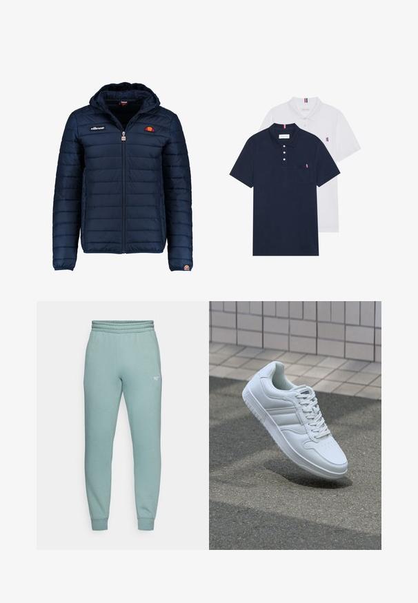 Casaco puffer azul marinho com capuz, fecho de correr, costura em canais e detalhes do logo no peito e na manga. Tecido macio e texturizado.; Duas camisetas polo: uma azul-marinho e uma branca, ambas com um pequeno detalhe em vermelho, branco e azul no bolso do peito e na gola.; Calças de treino verde claro com cintura canelada, pernas ajustadas e o logo da PUMA em branco na coxa esquerda. Material em mistura de algodão suave.; Sapatilha desportiva branca com parte superior em couro liso, frente com atacadores, bico perfurado e sola padronizada. Design minimalista com três riscas laterais.