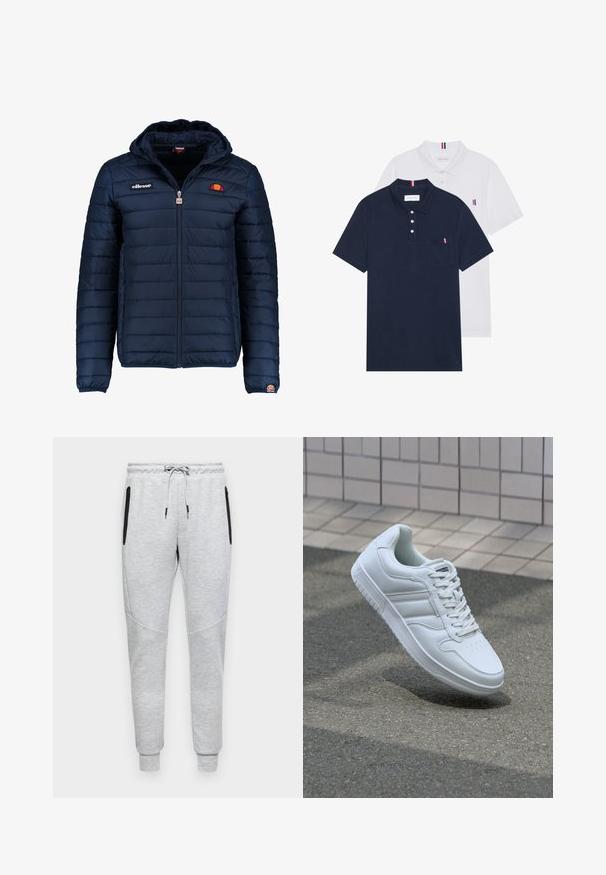 Navy blue puffer jacket with a hood, zip closure, channel stitching, and logo accents on the chest and sleeve. Soft, textured fabric.; Two polo shirts: one navy blue and one white, both with a small red, white, and blue accent on the chest pocket and collar.; Gray sweatpants with a drawstring waist, featuring side zip pockets, tapered legs, and contrasting black accents on the pockets.; White athletic sneaker with smooth leather upper, lace-up front, perforated toe, and patterned sole. Minimalist design with three side stripes.
