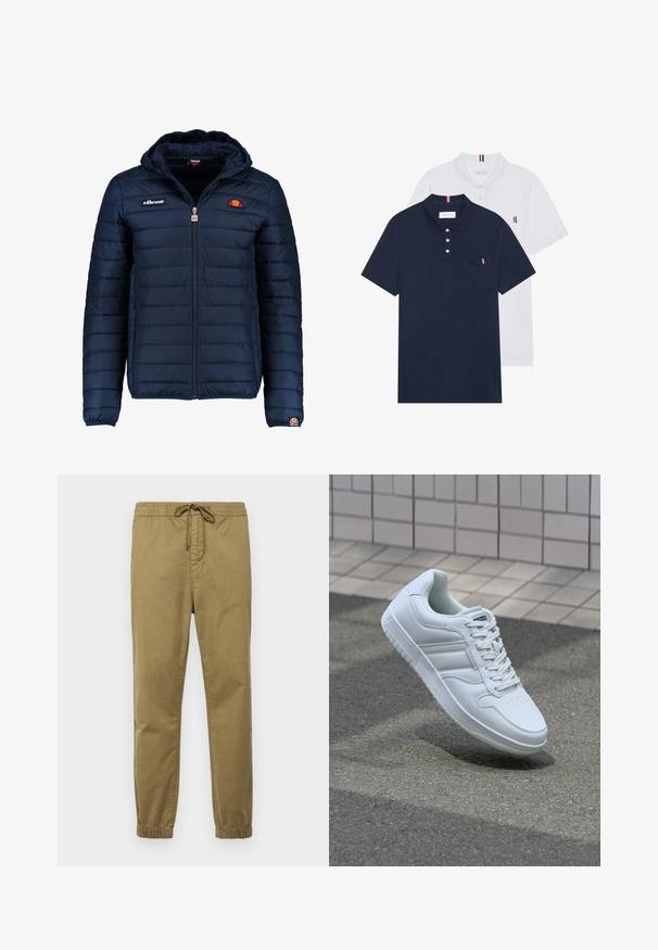 Tumedat sinised puffer jakk kapuutsiga, lukuga suletav, kanalite õmblustega ning logo aktsentidega rinnal ja varrukal. Pehme, tekstuuriga kangas.; Kaks polo särki: üks tumesinine ja üks valge, mõlemal on rinnataskul ja krael väike punase, valge ja sinise aktsent.; Heledad kangoosid kerge khaki värviga, elastse vöökohaga, reguleeritava nööriga, kitsenevate säärega ja elastsete mansettidega. Siledast ja hingavast kangast.; Valge spordijalanõud silederja nahkvarrega, ninast paeltega, perforatsiooni tõttu ventilatsiooniga ning mustrilise tallaga. Minimalistlik disain, millel on kolm külgmist triipu.