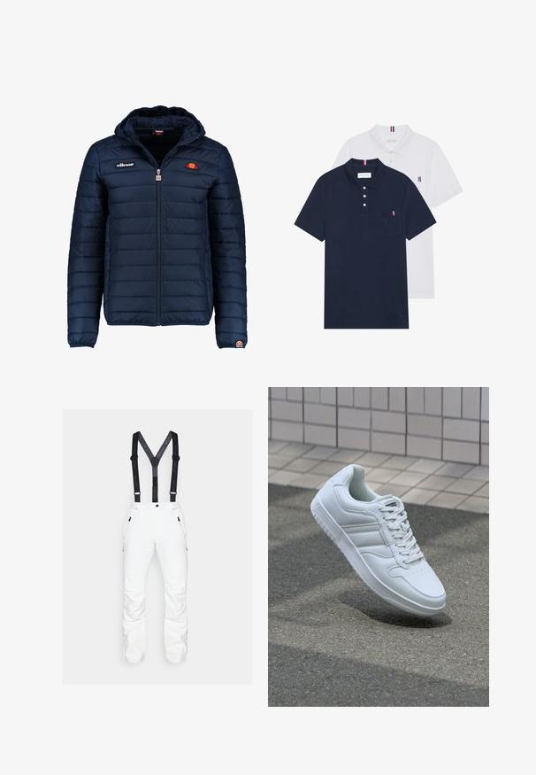 Chaqueta acolchada azul marino con capucha, cierre de cremallera, costuras en canales y acentos de logo en el pecho y la manga. Tejido suave y texturizado.; Dos camisetas polo: una de color azul marino y otra blanca, ambas con un pequeño acento en rojo, blanco y azul en el bolsillo del pecho y el cuello.; Pantalones de nieve blancos con tirantes negros ajustables, bolsillos laterales con cremallera y piernas inferiores reforzadas. Tejido suave con un diseño elegante.; Zapatilla atlética blanca con parte superior de cuero suave, cierre de cordones en el frente, puntera perforada y suela con patrón. Diseño minimalista con tres rayas laterales.