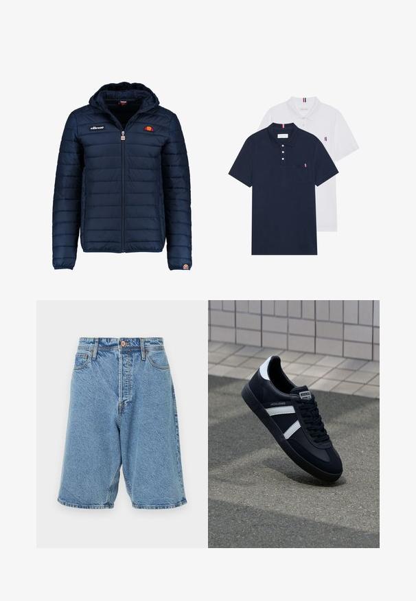 Marineblå puffjakke med hette, glidelås, kanalsøm og logoaksenter på brystet og ermet. Mykt, teksturert stoff.; To polo skjorter: en marineblå og en hvit, begge med en liten rød, hvit og blå aksent på brystlommen og kragen.; Lys blå denimshorts med en falmet tekstur. Har en knappelukking foran, beltesløyfer og sidelommer. Kraftig søm detaljer.; Sorte lærersneaker med hvite striper, teksturert gummihæl og snøring foran. Har et merketikett på tungen.