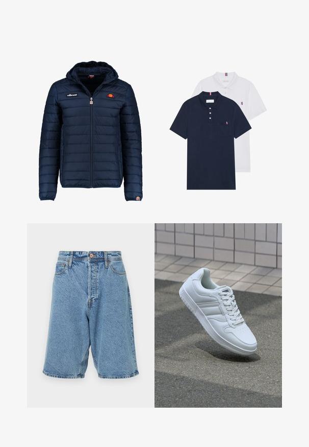 Marineblå puffjakke med hette, glidelås, kanalsøm og logoaksenter på brystet og ermet. Mykt, teksturert stoff.; To polo skjorter: en marineblå og en hvit, begge med en liten rød, hvit og blå aksent på brystlommen og kragen.; Lys blå denimshorts med en falmet tekstur. Har en knappelukking foran, beltesløyfer og sidelommer. Kraftig søm detaljer.; Hvit atletisk sneaker med glatt skinnoverside, snøring foran, perforert tå og mønstrets såle. Minimalistisk design med tre side-striper.