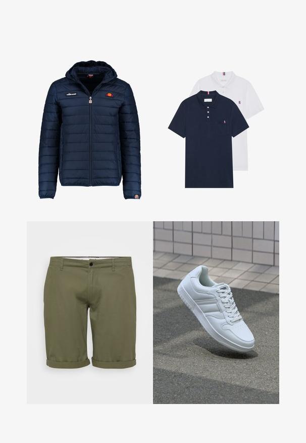 Dunkelblaue Daunenjacke mit Kapuze, Reißverschluss, Kastensteppnähten und Logo-Akzenten auf der Brust und dem Ärmel. Weicher, strukturierter Stoff.; Zwei Poloshirts: eines in marineblau und eines in Weiß, beide mit einem kleinen rot, weiß und blauen Akzent auf der Brusttasche und dem Kragen.; Olivgrüne Shorts mit glatter Textur, umgeschlagenen Säumen, Knopf am vorderen Bund und seitlichen Taschen. Einfaches, tailliertes Design für die Freizeit.; Weiße sportliche Sneaker mit Obermaterial aus glattem Leder, Schnürfront, durchlöchtem Zehenbereich und gemusterter Sohle. Minimalistisches Design mit drei Seitenstreifen.