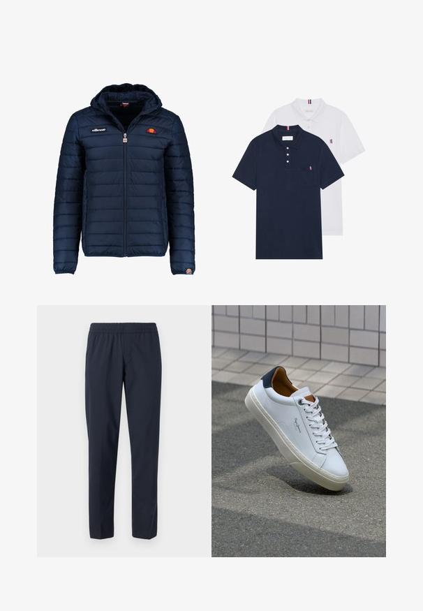 Tumedat sinised puffer jakk kapuutsiga, lukuga suletav, kanalite õmblustega ning logo aktsentidega rinnal ja varrukal. Pehme, tekstuuriga kangas.; Kaks polo särki: üks tumesinine ja üks valge, mõlemal on rinnataskul ja krael väike punase, valge ja sinise aktsent.; Tumedad sinised püksid elastse vöökohtaga, sirged sääred, kerge materjal ja ilma nähtavate taskute või kaunistusteta.; Valge nahast tennis, millel on tumesinine konts, ümmargune nina ja kontrastsed pruuni aktsendid. Omab lamepaelti ja tekstureeritud kummist tallat.