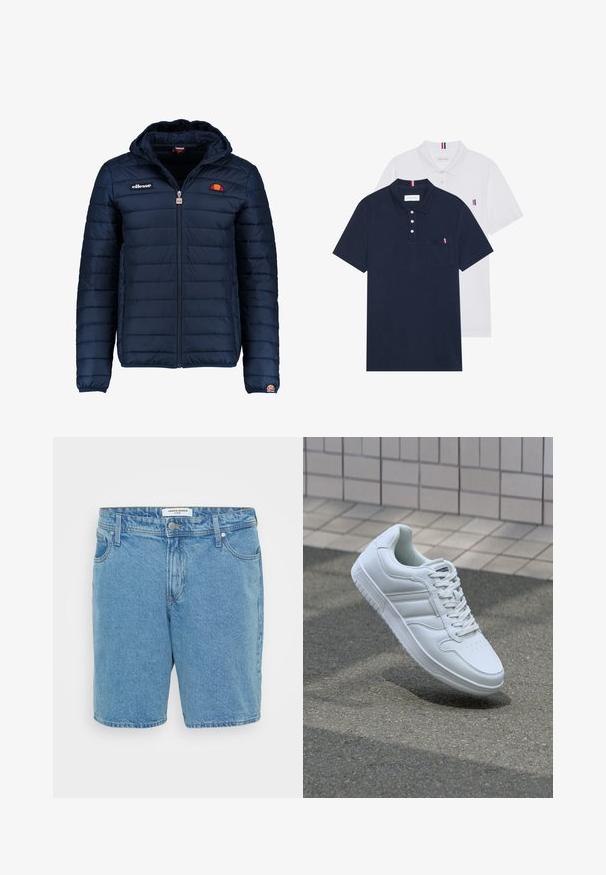 Tumedat sinised puffer jakk kapuutsiga, lukuga suletav, kanalite õmblustega ning logo aktsentidega rinnal ja varrukal. Pehme, tekstuuriga kangas.; Kaks polo särki: üks tumesinine ja üks valge, mõlemal on rinnataskul ja krael väike punase, valge ja sinise aktsent.; Heledad sinised teksashortsid klassikalise lõikega. Omab viit taskut, nööbi kinnistust ja peent kulunud tekstuuri. Valmistatud puuvillasest kangast.; Valge spordijalanõud silederja nahkvarrega, ninast paeltega, perforatsiooni tõttu ventilatsiooniga ning mustrilise tallaga. Minimalistlik disain, millel on kolm külgmist triipu.