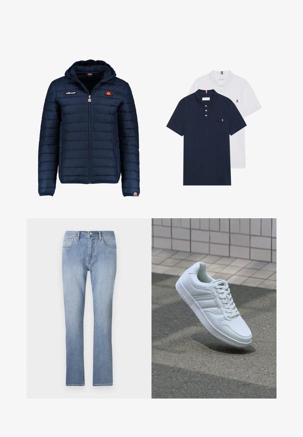 Tengerészkék puffos dzseki kapucnival, cipzáras záródással, csatorna varrással, és logóval díszített mellkassal és ujjakkal. Puha, texturált anyag.; Két pólóing: az egyik sötétkék, a másik fehér, mindkettőn kicsi piros, fehér és kék díszítés található a mellzsebből és a galléron.; Kék farmernadrág egyenes szárú formával, cipzáras záródással, öt zsebbel és kopott részletekkel a combokon.; Fehér sportcipő sima bőr felsőrésszel, fűzős elülettel, perforált orral és mintázott talppal. Minimalista dizájn három oldalsávval.