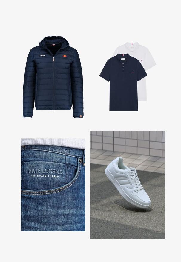 Chaqueta acolchada azul marino con capucha, cierre de cremallera, costuras en canales y acentos de logo en el pecho y la manga. Tejido suave y texturizado.; Dos camisetas polo: una de color azul marino y otra blanca, ambas con un pequeño acento en rojo, blanco y azul en el bolsillo del pecho y el cuello.; Jeans de denim con un lavado azul, que presentan una etiqueta en el bolsillo trasero embosada con "PME LEGEND AMERICAN CLASSIC" en texto blanco. Textura suave.; Zapatilla atlética blanca con parte superior de cuero suave, cierre de cordones en el frente, puntera perforada y suela con patrón. Diseño minimalista con tres rayas laterales.