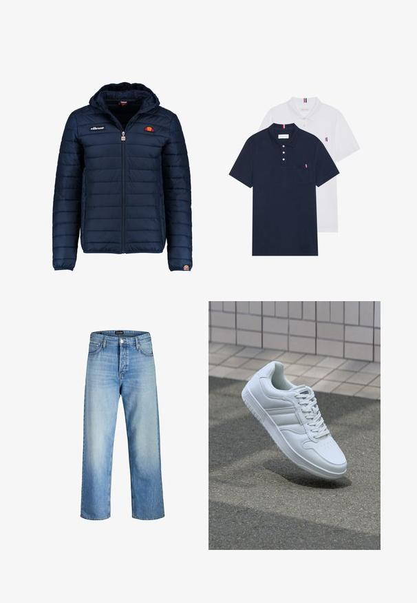 Casaco puffer azul marinho com capuz, fecho de correr, costura em canais e detalhes do logo no peito e na manga. Tecido macio e texturizado.; Duas camisetas polo: uma azul-marinho e uma branca, ambas com um pequeno detalhe em vermelho, branco e azul no bolso do peito e na gola.; Jeans de ganga azul claro com um corte relaxado, apresentando uma cintura alta, bolsos frontais e um corte reto, destacando um desbotamento subtil.; Sapatilha desportiva branca com parte superior em couro liso, frente com atacadores, bico perfurado e sola padronizada. Design minimalista com três riscas laterais.