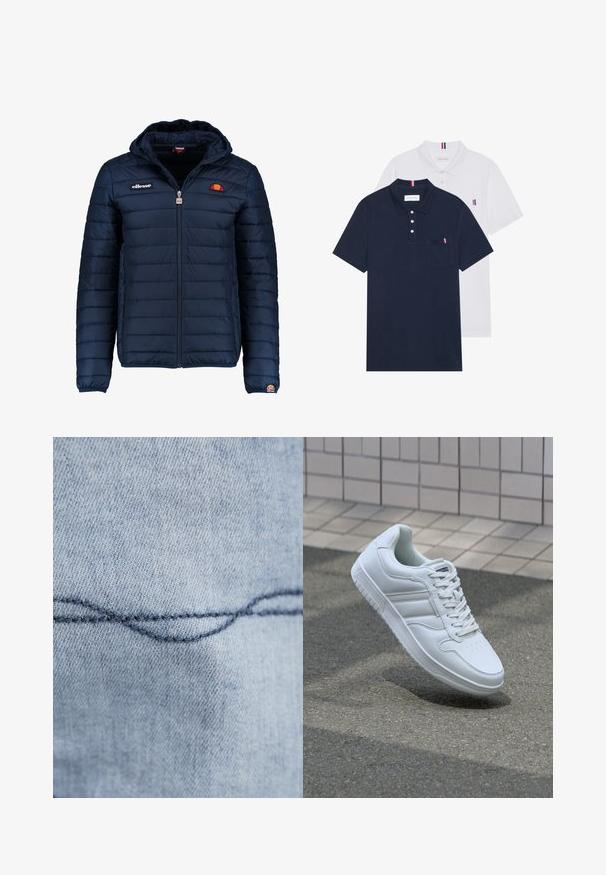 Jachetă puffer de culoare bleumarin, cu glugă, închidere cu fermoar, cusături în canale și detalii cu logo pe piept și pe mânecă. Material moale, texturat.; Două tricouri polo: unul albastru navy și unul alb, ambele având un mic accent roșu, alb și albastru pe buzunarul de la piept și guler.; Țesătură din denim de culoare albastru deschis, cu o cusătură curbată vizibilă. Textura pare netedă, cu cusături uniforme în ață albastră închisă.; Adidași albi pentru sport cu superior din piele netedă, sistem de șireturi în față, vârf perforat și talpă cu model. Design minimalist cu trei dungi laterale.