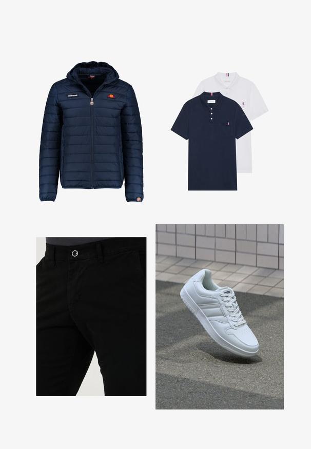 Temno modra napihnjena jakna s kapuco, z zadrgo, kanalnim šivom in logotipom na prsih in rokavu. Mehka, teksturirana tkanina.; Dve polo majice: ena mornarsko modra in ena bela, obe z majhnim rdečim, belim in modrim poudarjanjem na žepu in ovratniku.; Črne bombažne hlače s tesnim krojem, sprednjimi žepi in enim gumbom za zapiranje v pasu. Gladka tekstura z minimalnimi detajli.; Bela atletska teniska obutev z gladkim usnjenim zgornjim delom, vezanjem spredaj, perforiranim prstom in vzorčastim podplatom. Minimalistična zasnova s tremi stranskimi črtami.