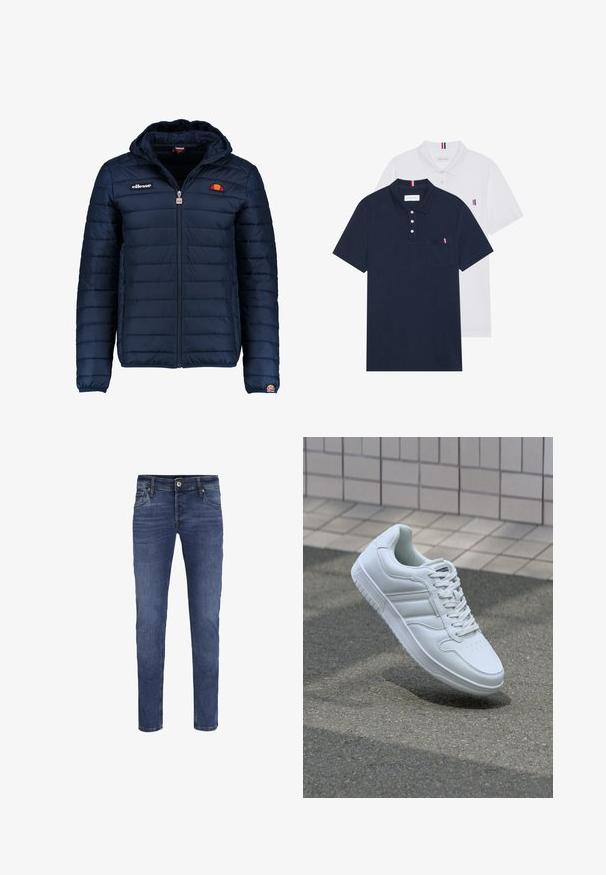 Tengerészkék puffos dzseki kapucnival, cipzáras záródással, csatorna varrással, és logóval díszített mellkassal és ujjakkal. Puha, texturált anyag.; Két pólóing: az egyik sötétkék, a másik fehér, mindkettőn kicsi piros, fehér és kék díszítés található a mellzsebből és a galléron.; Férfi slim-fit kék farmernadrág gombbal és cipzárral záródik, elülső és hátsó zsebekkel, finom kopás részletekkel.; Fehér sportcipő sima bőr felsőrésszel, fűzős elülettel, perforált orral és mintázott talppal. Minimalista dizájn három oldalsávval.