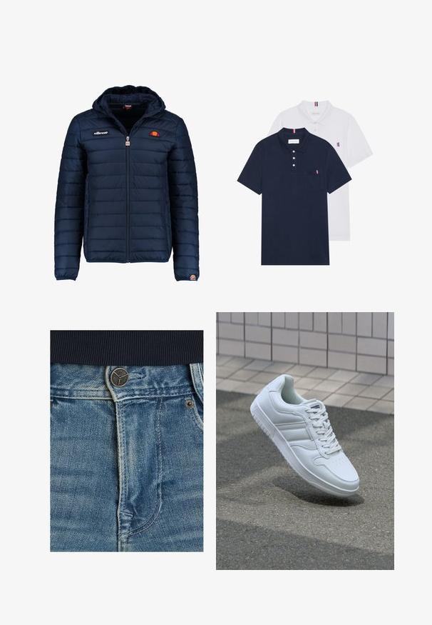 Chaqueta acolchada azul marino con capucha, cierre de cremallera, costuras en canales y acentos de logo en el pecho y la manga. Tejido suave y texturizado.; Dos camisetas polo: una de color azul marino y otra blanca, ambas con un pequeño acento en rojo, blanco y azul en el bolsillo del pecho y el cuello.; Vaqueros de denim con un lavado azul claro, costuras blancas en contraste y un cierre de botón metálico en la cintura. Vista en primer plano de la textura de la tela.; Zapatilla atlética blanca con parte superior de cuero suave, cierre de cordones en el frente, puntera perforada y suela con patrón. Diseño minimalista con tres rayas laterales.