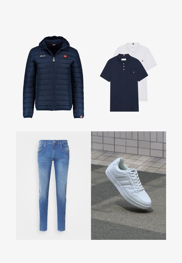 Tengerészkék puffos dzseki kapucnival, cipzáras záródással, csatorna varrással, és logóval díszített mellkassal és ujjakkal. Puha, texturált anyag.; Két pólóing: az egyik sötétkék, a másik fehér, mindkettőn kicsi piros, fehér és kék díszítés található a mellzsebből és a galléron.; Kék farmernadrág, slim fit fazonban. Öt zsebe van, elöl gombos záródással, és a lábakon enyhe kopás látható. Egyenes szárú fazon.; Fehér sportcipő sima bőr felsőrésszel, fűzős elülettel, perforált orral és mintázott talppal. Minimalista dizájn három oldalsávval.