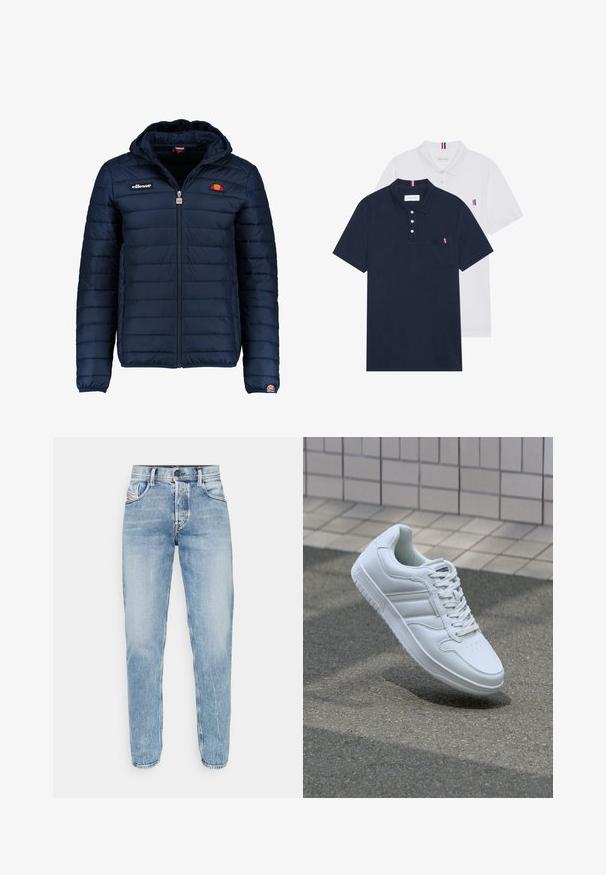 Chaqueta acolchada azul marino con capucha, cierre de cremallera, costuras en canales y acentos de logo en el pecho y la manga. Tejido suave y texturizado.; Dos camisetas polo: una de color azul marino y otra blanca, ambas con un pequeño acento en rojo, blanco y azul en el bolsillo del pecho y el cuello.; Jeans de mezclilla azul claro con un corte recto, diseño de cinco bolsillos, costuras visibles y un cierre clásico de botón y cremallera. Sin adornos.; Zapatilla atlética blanca con parte superior de cuero suave, cierre de cordones en el frente, puntera perforada y suela con patrón. Diseño minimalista con tres rayas laterales.