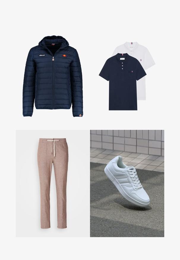 Granatowa kurtka puchowa z kapturem, zapinana na zamek, z przeszyciami w kształcie kanałów oraz akcentami loga na piersi i rękawie. Miękka, teksturowana tkanina.; Dwa koszulki polo: jedna granatowa, a druga biała, obie z małym akcentem w kolorach czerwonym, białym i niebieskim na kieszeni na piersi oraz kołnierzyku.; Jasnobrązowe lniane spodnie z paskiem na sznurku, prostą nogawką i lekko teksturowaną powierzchnią. Bez dodatkowych kieszeni ani zdobień.; Białe sportowe trampki z gładkiej skóry, z zapięciem na sznurowadła, perforowanym noskiem i wzorzystą podeszwą. Minimalistyczny design z trzema paskami po bokach.