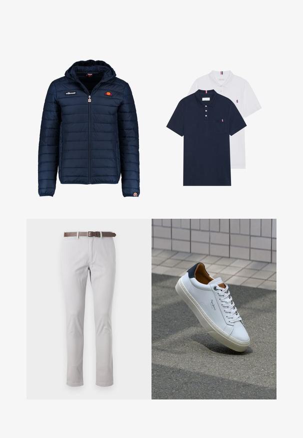Tums zilā puffer jaka ar kapuci, rāvējslēdzēja aizdare, kanālu šuvēm un logotipa akcentiem uz krūtīm un piedurknēm. Mīksta, teksturēta auduma.; Divas polo kreklu komplekts: viens tumši zils un viens balts, abi ar mazu sarkanu, baltu un zilu akcentu uz krūšu kabatas un apkakles.; Gaišpelēkas kokvilnas bikses ar šauru piegriezumu. Iekļauts brūns ādas jostas un minimālas šuvju detaļas sānos.; Baltas ādas čības ar tumši zilu papēdi, apaļu purngalu un kontrastējošām brūnām detaļām. Aprīkotas ar plakanu auklu un struktūrētu gumijas zoli.