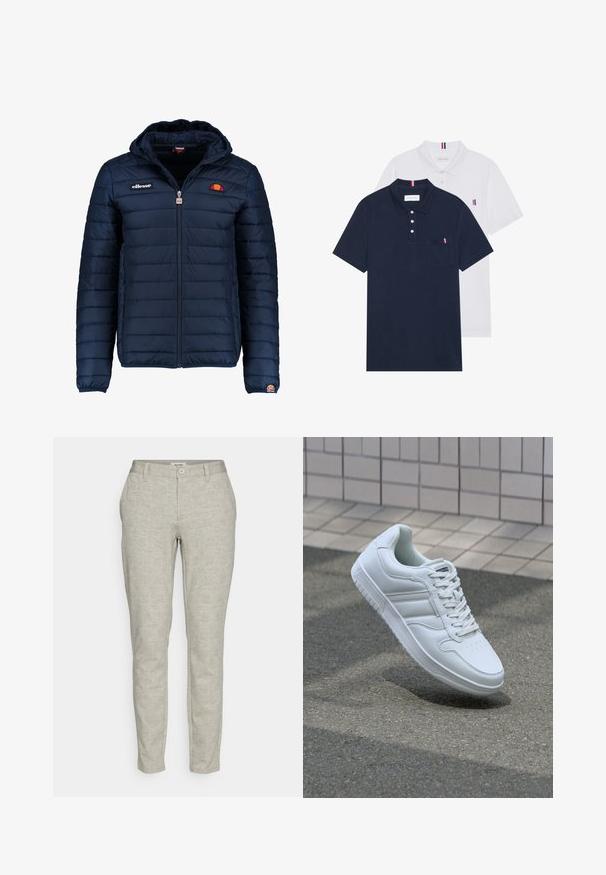 Chaqueta acolchada azul marino con capucha, cierre de cremallera, costuras en canales y acentos de logo en el pecho y la manga. Tejido suave y texturizado.; Dos camisetas polo: una de color azul marino y otra blanca, ambas con un pequeño acento en rojo, blanco y azul en el bolsillo del pecho y el cuello.; Pantalones beige a medida, hechos de un tejido ligero, con cierre de botón en la parte delantera, dos bolsillos laterales y un diseño ajustado.; Zapatilla atlética blanca con parte superior de cuero suave, cierre de cordones en el frente, puntera perforada y suela con patrón. Diseño minimalista con tres rayas laterales.