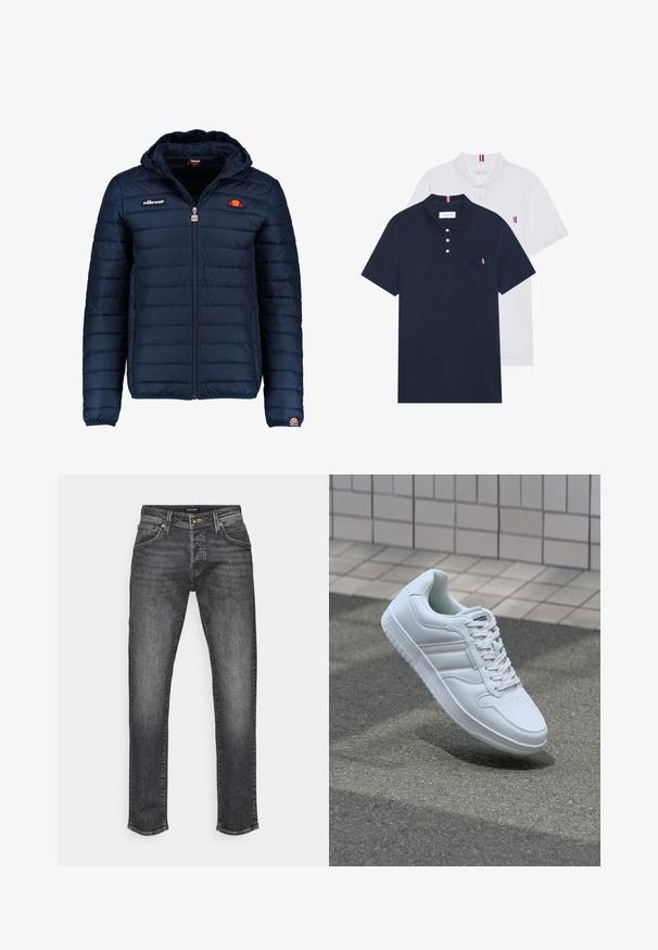 Tumedat sinised puffer jakk kapuutsiga, lukuga suletav, kanalite õmblustega ning logo aktsentidega rinnal ja varrukal. Pehme, tekstuuriga kangas.; Kaks polo särki: üks tumesinine ja üks valge, mõlemal on rinnataskul ja krael väike punase, valge ja sinise aktsent.; Tumedat hallid teksad sirge lõikega, klassikalise viie taskuga kujundusega ja kerge tuhmumisega. Metallne nööp ja lukuga sulgur.; Valge spordijalanõud silederja nahkvarrega, ninast paeltega, perforatsiooni tõttu ventilatsiooniga ning mustrilise tallaga. Minimalistlik disain, millel on kolm külgmist triipu.