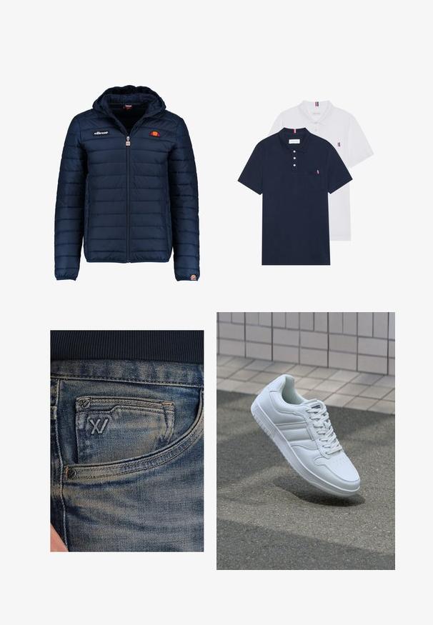 Námornícky modrá prešívaná bunda s kapucňou, zipsom, kanálovým prešívaním a logovými akcentmi na hrudi a rukáve. Mäkkučká, textúrovaná tkanina.; Dvoje polo tričiek: jedno námornícky modré a jedno biele, obidve s malým červeným, bielym a modrým akcentom na vrecku a golieri.; Modré rifľové nohavice so svetlým efektom, vybavené mincovníkom a čiernym logom na prednej strane. Pás je z tmavomodrej rebrovanej tkaniny.; Biele atletické tenisky s hladkým koženým zvrškom, šnurovaním vpredu, perforovanou špičkou a vzorovanou podrážkou. Minimalistický dizajn s tromi bočnými pruhmi.