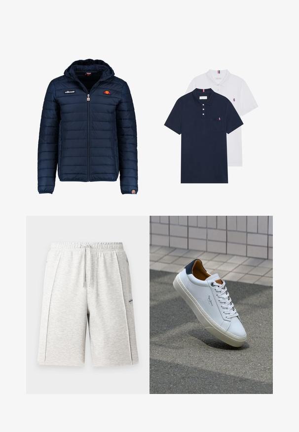 Tummansininen puhvitakki, jossa on huppu, vetoketjukiinnitys, kanavapistoilu ja logoteemaiset yksityiskohdat rinnassa ja hihassa. Pehmeä, teksturoitu kangas.; Kaksi polo-paitaa: yksi tummansininen ja yksi valkoinen, molemmissa pieni punainen, valkoinen ja sininen yksityiskohta rintataskussa ja kauluksessa.; Harmaat, keskipituiset shortsit pehmeästä materiaalista, joissa on joustava vyötärö nauhalla ja sivutaskut. Huomaamaton logo yksityiskohta.; Valkoinen nahkakenkä, jossa on tummansininen kantapää, pyöreä kärki ja ristikkäiset ruskeat korostukset. Varustettu tasapaksuilla nauhoilla ja teksturoidulla kumipohjalla.