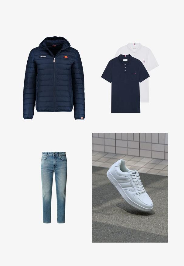 Marineblå puffjakke med hette, glidelås, kanalsøm og logoaksenter på brystet og ermet. Mykt, teksturert stoff.; To polo skjorter: en marineblå og en hvit, begge med en liten rød, hvit og blå aksent på brystlommen og kragen.; Lyseblå denimjeans med rett kutt, fem lommer og glidelås. Falming nær knærne og subtile knurring på lårene.; Hvit atletisk sneaker med glatt skinnoverside, snøring foran, perforert tå og mønstrets såle. Minimalistisk design med tre side-striper.