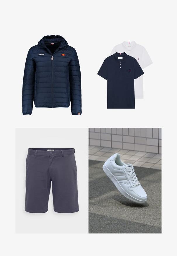 Tums zilā puffer jaka ar kapuci, rāvējslēdzēja aizdare, kanālu šuvēm un logotipa akcentiem uz krūtīm un piedurknēm. Mīksta, teksturēta auduma.; Divas polo kreklu komplekts: viens tumši zils un viens balts, abi ar mazu sarkanu, baltu un zilu akcentu uz krūšu kabatas un apkakles.; Vīriešu tumši pelēki šorti, izgatavoti no viegla auduma, ar pogu aizdari, jostas cilpām un vienkāršu dizainu bez redzamām rakstu. ; Balti sporta apavi ar gludu ādas virsu, sasienamais priekšpuse, perforēts purngals un rakstaina zole. Minimālisma dizains ar trim sānu svītrām.