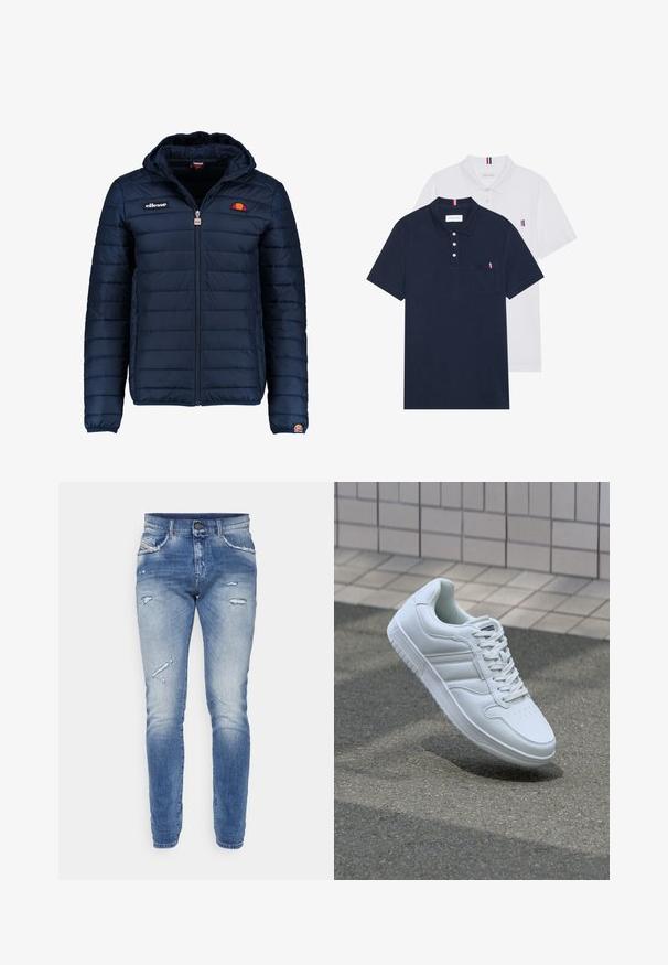 Casaco puffer azul marinho com capuz, fecho de correr, costura em canais e detalhes do logo no peito e na manga. Tecido macio e texturizado.; Duas camisetas polo: uma azul-marinho e uma branca, ambas com um pequeno detalhe em vermelho, branco e azul no bolso do peito e na gola.; Jeans de ganga azuis com um acabamento desgastado, apresentando detalhes desfiados, um corte slim e design padrão de cinco bolsos.; Sapatilha desportiva branca com parte superior em couro liso, frente com atacadores, bico perfurado e sola padronizada. Design minimalista com três riscas laterais.