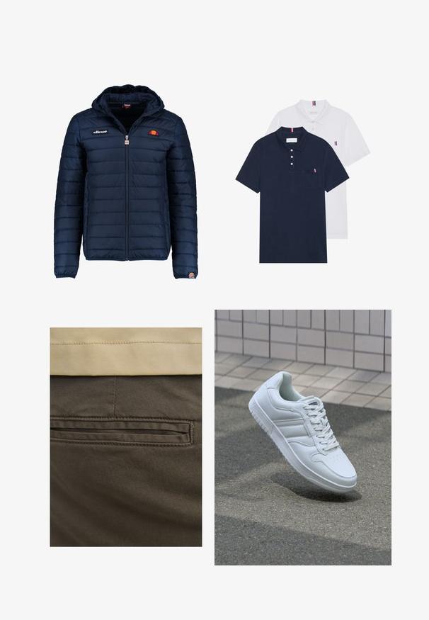 Tumedat sinised puffer jakk kapuutsiga, lukuga suletav, kanalite õmblustega ning logo aktsentidega rinnal ja varrukal. Pehme, tekstuuriga kangas.; Kaks polo särki: üks tumesinine ja üks valge, mõlemal on rinnataskul ja krael väike punase, valge ja sinise aktsent.; Pruunist puuvillast valmistatud püksid, millel on nähtav tagatasku, kaunistatud peente õmblustega ja siledat tekstuuri. Vöökoht on kontrastse beeži värviga.; Valge spordijalanõud silederja nahkvarrega, ninast paeltega, perforatsiooni tõttu ventilatsiooniga ning mustrilise tallaga. Minimalistlik disain, millel on kolm külgmist triipu.