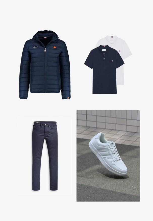 Mörkblå pufferjacka med huva, dragkedjestängning, kanalsömmar och logodetaljer på bröstet och ärmen. Mjuk, texturerad tyg.; Två polo t-shirts: en marinblå och en vit, båda med en liten röd, vit och blå detalj på bröstfickan och kragen.; Marinblå bomullshbyxor med rak passform, som har fem fickor, gylf med dragkedja och metallknapp. Slät textur och enkel design.; Vit atletisk sneakers med slätt läderöverdel, snörning fram, perforerad tå och mönstrad sula. Minimalistisk design med tre sidostycken.